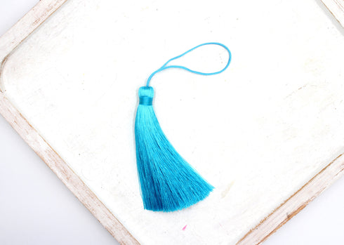 blue turquoise tassel, silky nylon, 3.5 inches, sold as 1 piece.